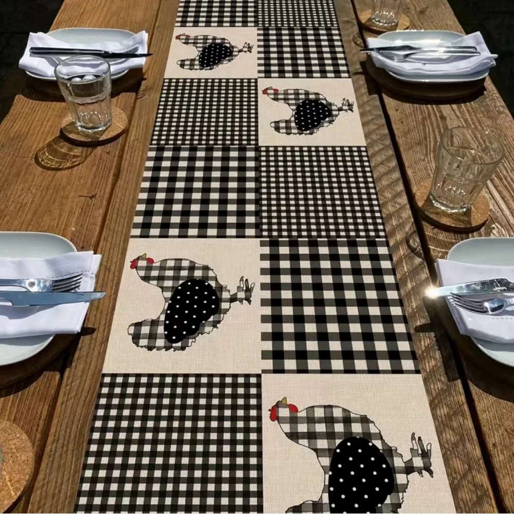 Rooster Hen Table Runner, Black White Buffalo Plaid 13X72 Chicken Chick Gingham - Picture 1 of 5